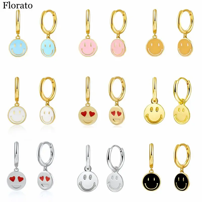 Korean Cute Girl 925 Sterling Silver Ear Buckle Exquisite Smiling Face Pendant Hoop Earrings Fashion Women Jewelry Birthday Gift