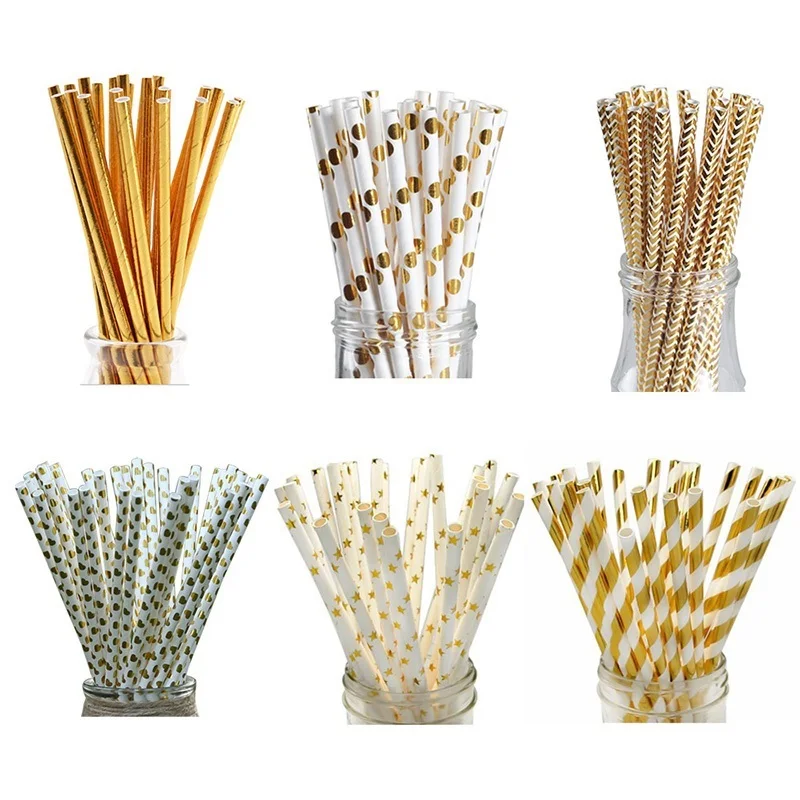 

2022 NEW 25pcs/set Foil Gold Drinking Paper Straws Birthday Party Wedding Decorative Supplies Home Supplies Biodegradable Paper