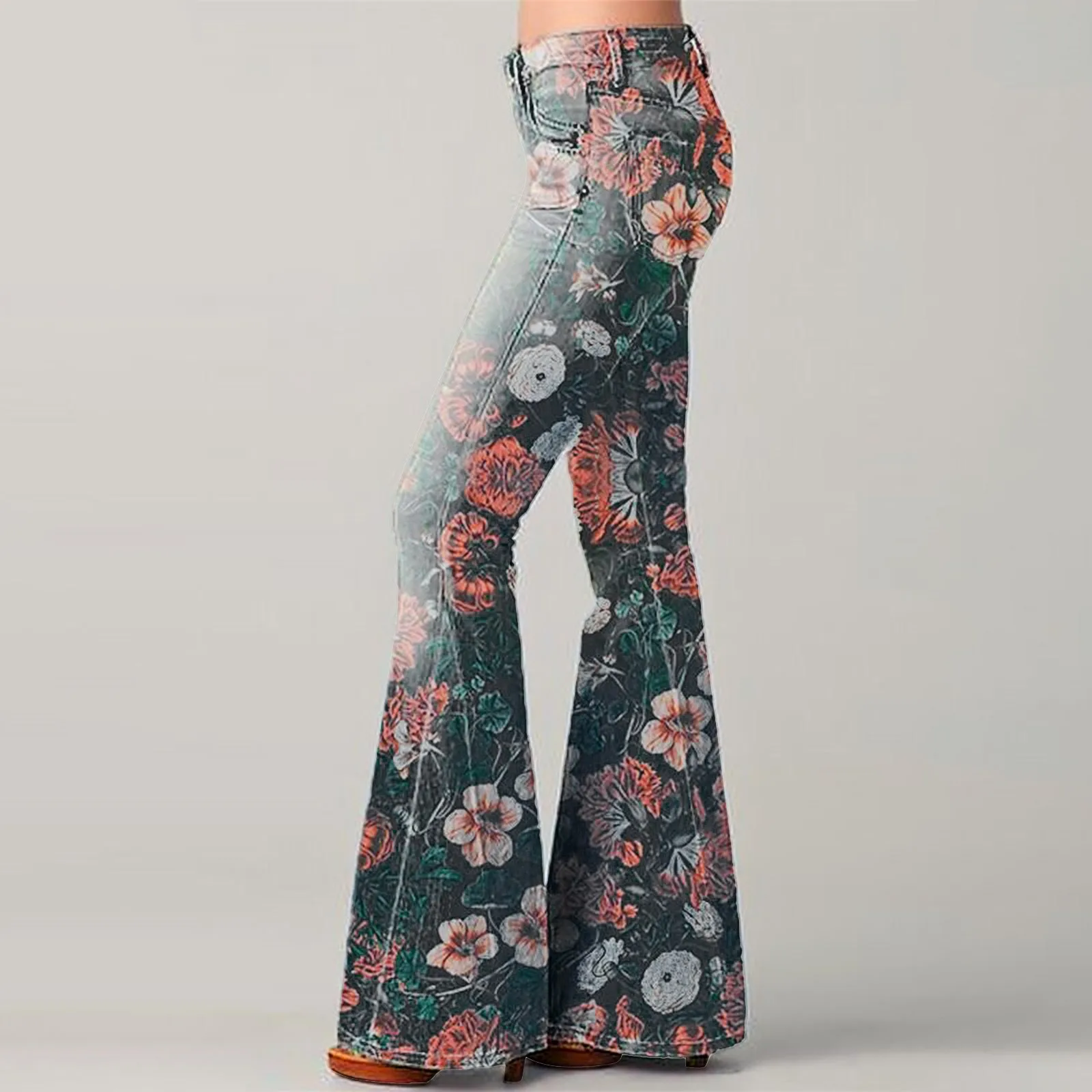 

Ladies High Waisted Jeans Flora Print Straight Wide Leg Denim Pants Baggy Loose Casual Trousers Streetwear