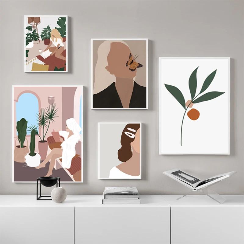 Абстрактная мода девушка растение фрукты листья скандинавские плакаты и принты
