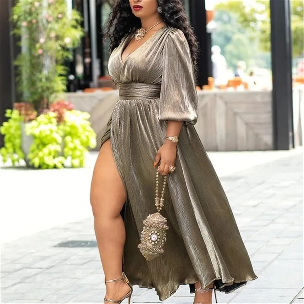 

V-neck High-waisted Solid Color Bronzing Long-sleeved Sexy Slit Dress Bohemian Summer Dresses For Women 2022 Africa Party Dress