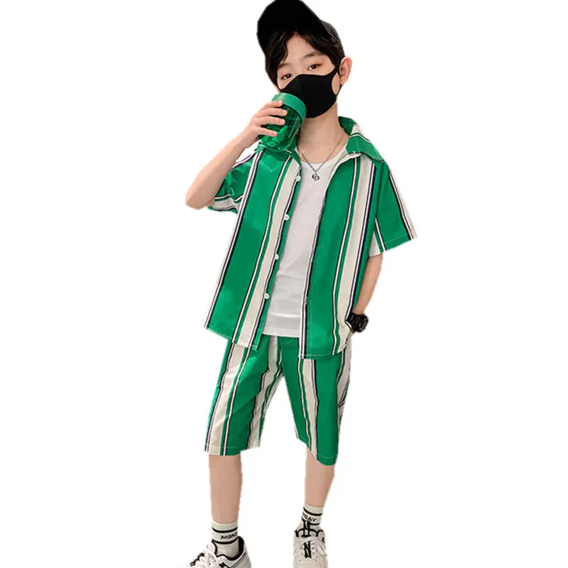 2022 Summer Children's Wide Stripe Clothing Set 3 Pieces Suit For Boys Shirt T-shirt And Shorts 3PCS Outfits For Kids Teenagers