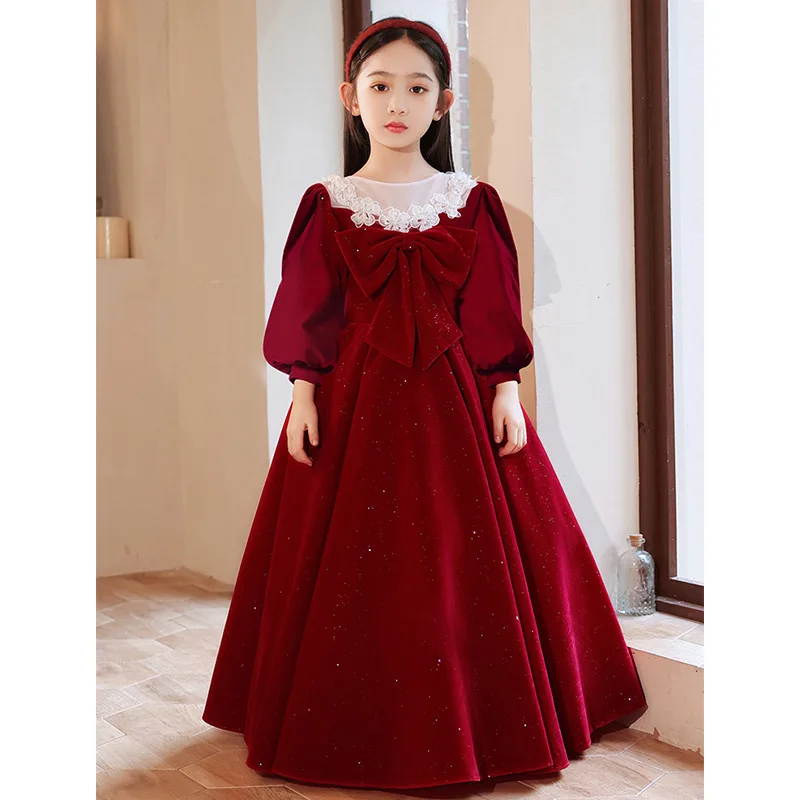 Velvet Wine Red Dress Girl Birthday Formal Dresses Long Princess Party Pageant Dress Bow Glitter Formal Kids Birthday Gown