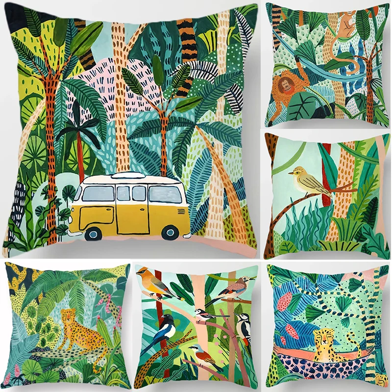 

Wild Animals Forest Throw Pillows Cushion Cover Tropical Green Plants Pillowcase Sofa Home Living Room Decor Square Pillowslip