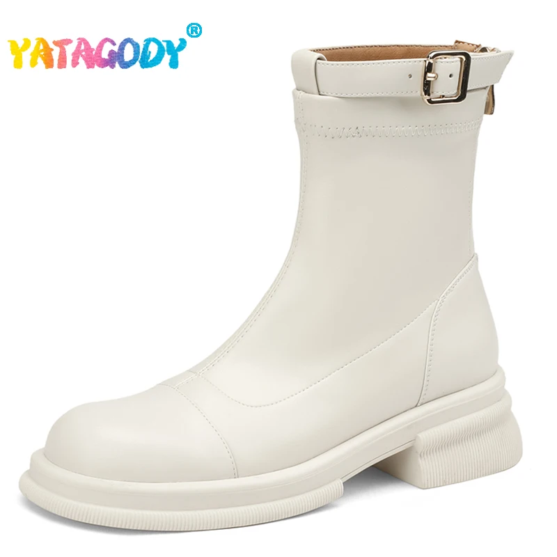

YATAGODY Size 33-42 Women Ankle Boots Real Leather Chunky Winter Shoes Woman Elastic Boots Mid Heels Platform Boot Buckle Strap
