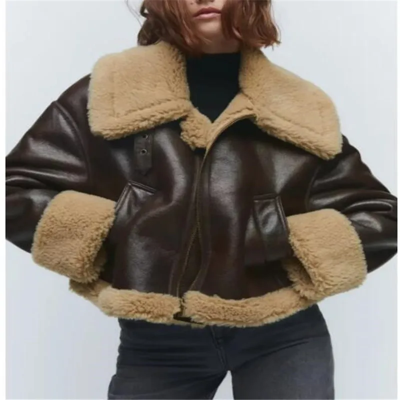 

Women Fashion Thick Warm Faux Leather Shearling Jacket Coat Vintage Long Sleeve Flap Pocket Female Outerwear Chic Tops