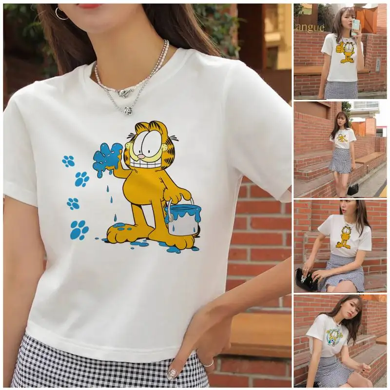 Bandai Garfield Cat Fashion Hot Selling T Shirt Summer Clothes Casual Women Tee Hip Hop O-Neck Streetwear Print Comfort T-shirt