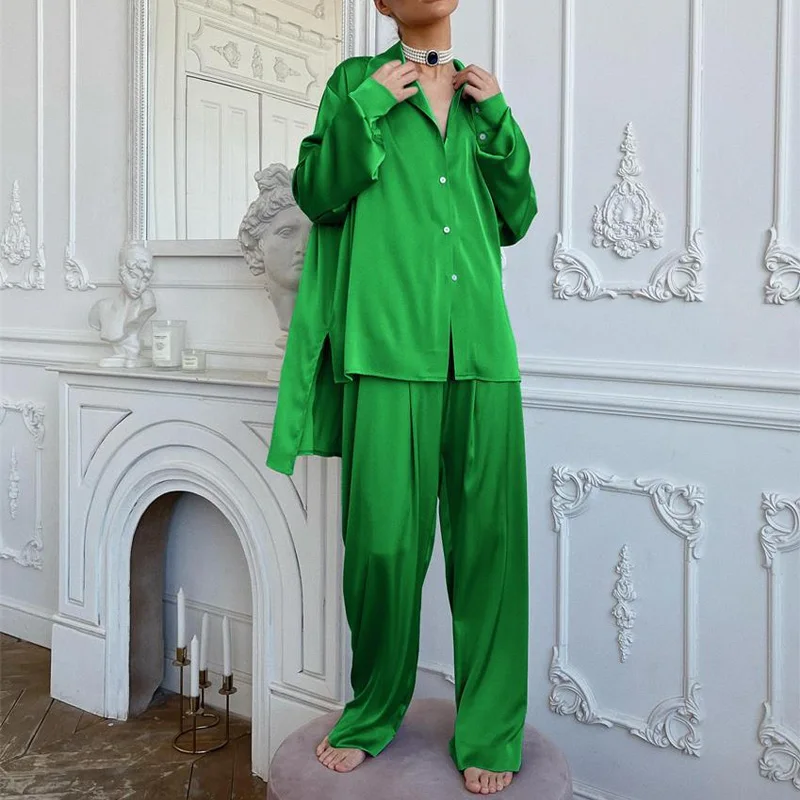 

Fashion Premium Satin Ice Silk Pajama Suit Single Breasted Shirt and Long Pant Casual Loose Sets Elegant Women Homewear Outfits