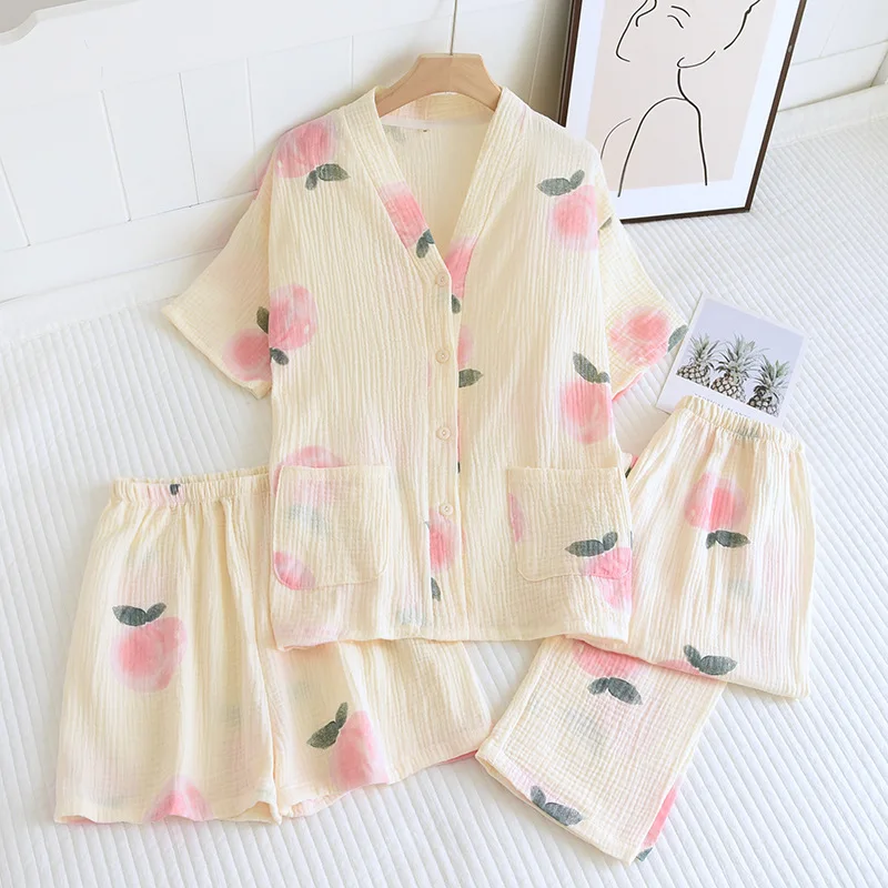 

Fdfklak New 3Pcs/Set Cotton Gauze Sleep Suit Womens V-Neck Nighties Wear Pijama Home Nightwear Lounge Wear Pyjama