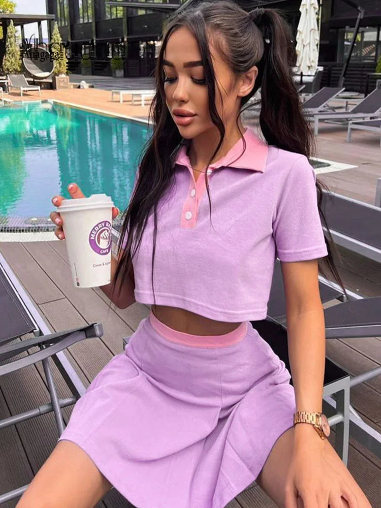 

Женский Повседневный Спортивный костюм, привлекательная футболка и мини-юбка А-силуэта, подходящие комплекты, Женский облегающий костюм, л...