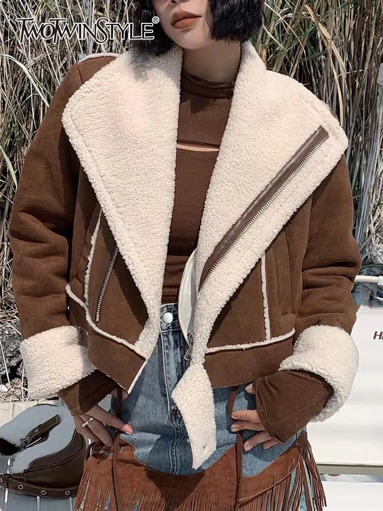

Женское повседневное короткое пальто TWOTWINSTYLE, повседневное пальто из овечьей шерсти с воротником-стойкой и длинным рукавом, на молнии