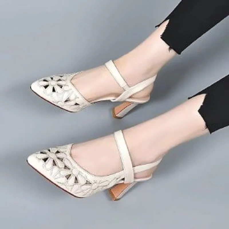

Women High Heels Sandals 2022 New Ladies Summer Pointed Fine Heel Baotou Korean Buckle Shoes Women Shoes Black Work Wedding Shoe