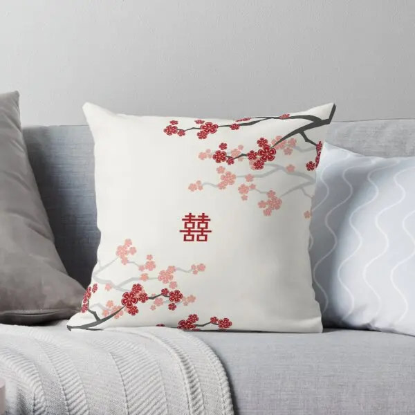 

Red Oriental Cherry Blossoms On Ivory An Printing Throw Pillow Cover Throw Square Cushion Bedroom Car Case Pillows not include