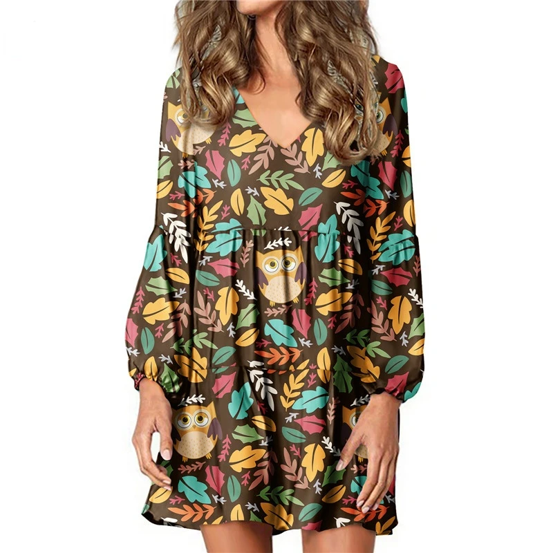 

Женское мини-платье с V-образным вырезом, длинным рукавом и принтом