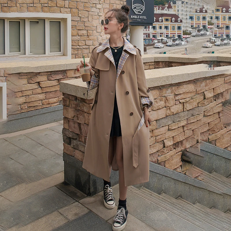 Trench Coat For Women Long Cloak Spring Autumn Windbreaker Female Plaid Stitching Khaki Simple Chic Single Loose Breasted Jacket