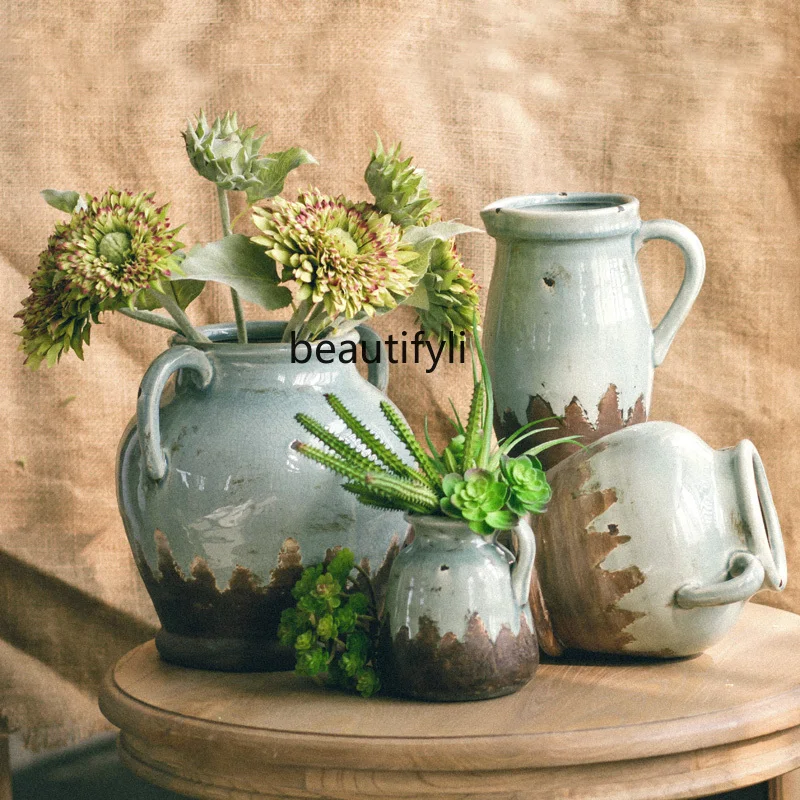 

zq Vintage Distressed Gray Blue Binaural Dining Table Decoration Home Ornament