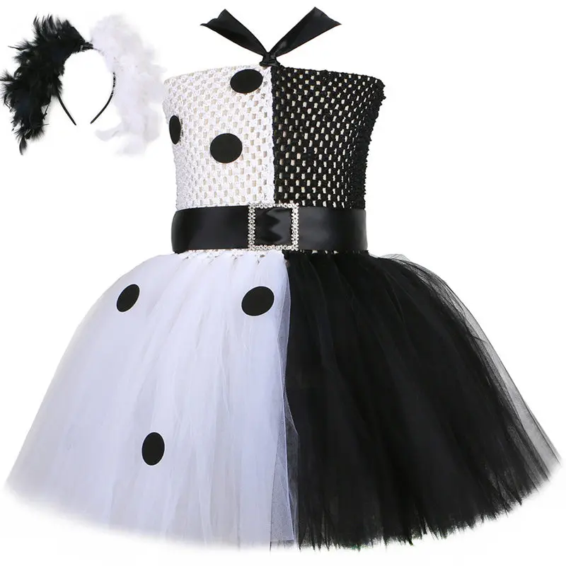 Новинка 2022 платье-пачка Cossky Cruella для девочек черно-белый костюм ведьмы косплея