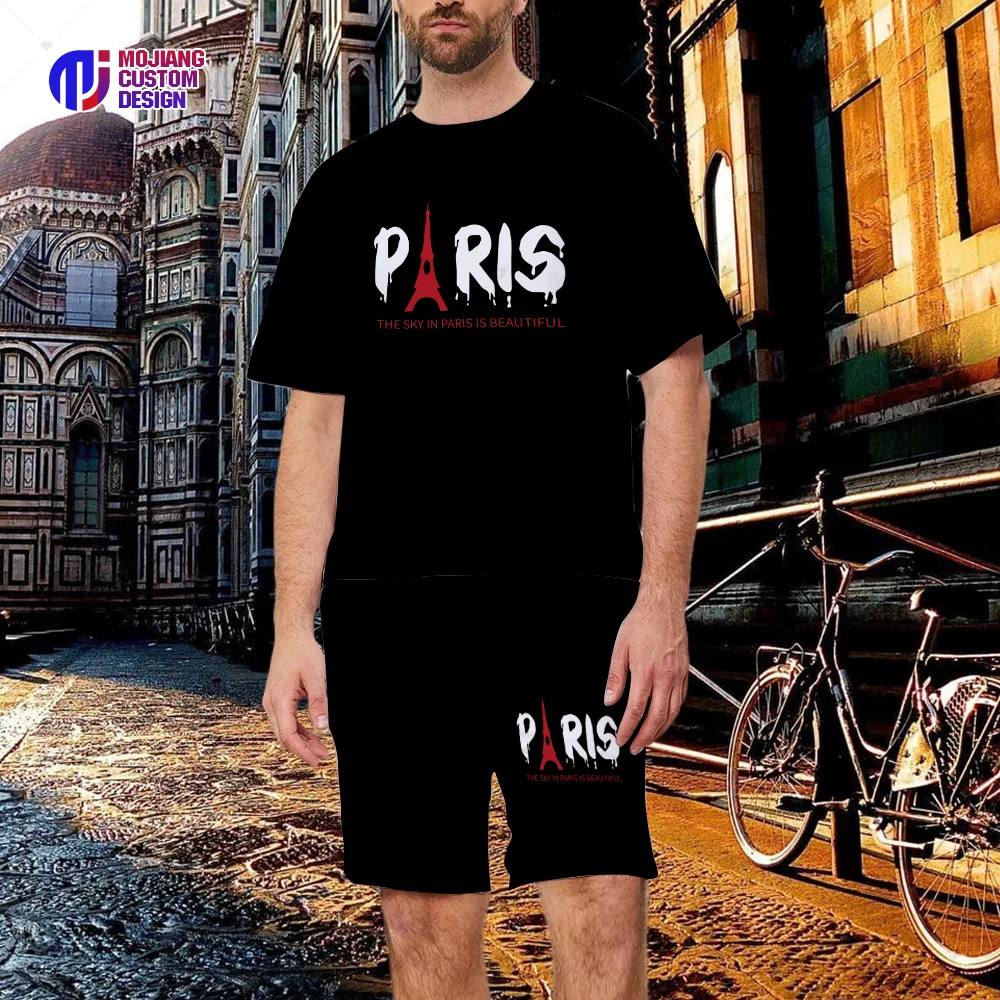 Eiffel Tower and Slogan Graphic Print Men's T-Shirts Graphic Summer Cotton Shorts High-end Graphic Hip Hop Tops Shirt Sets