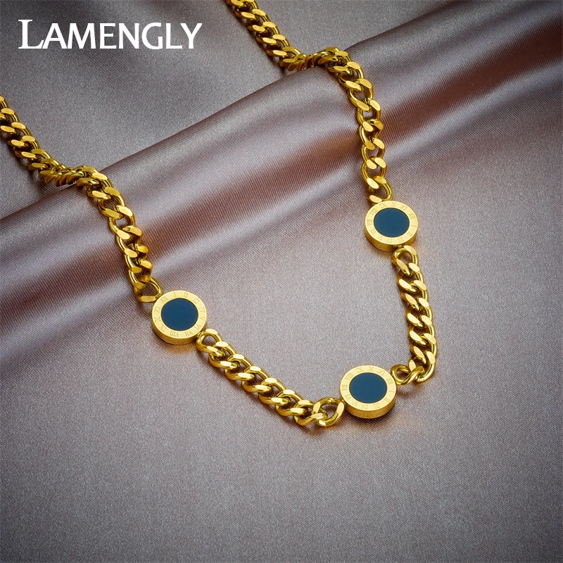 

LAMENGLY 316L Stainless Steel Double-sided Roman Numerals Necklace For Women Fashion Gold Color Thick Chain Jewelry Gift Party