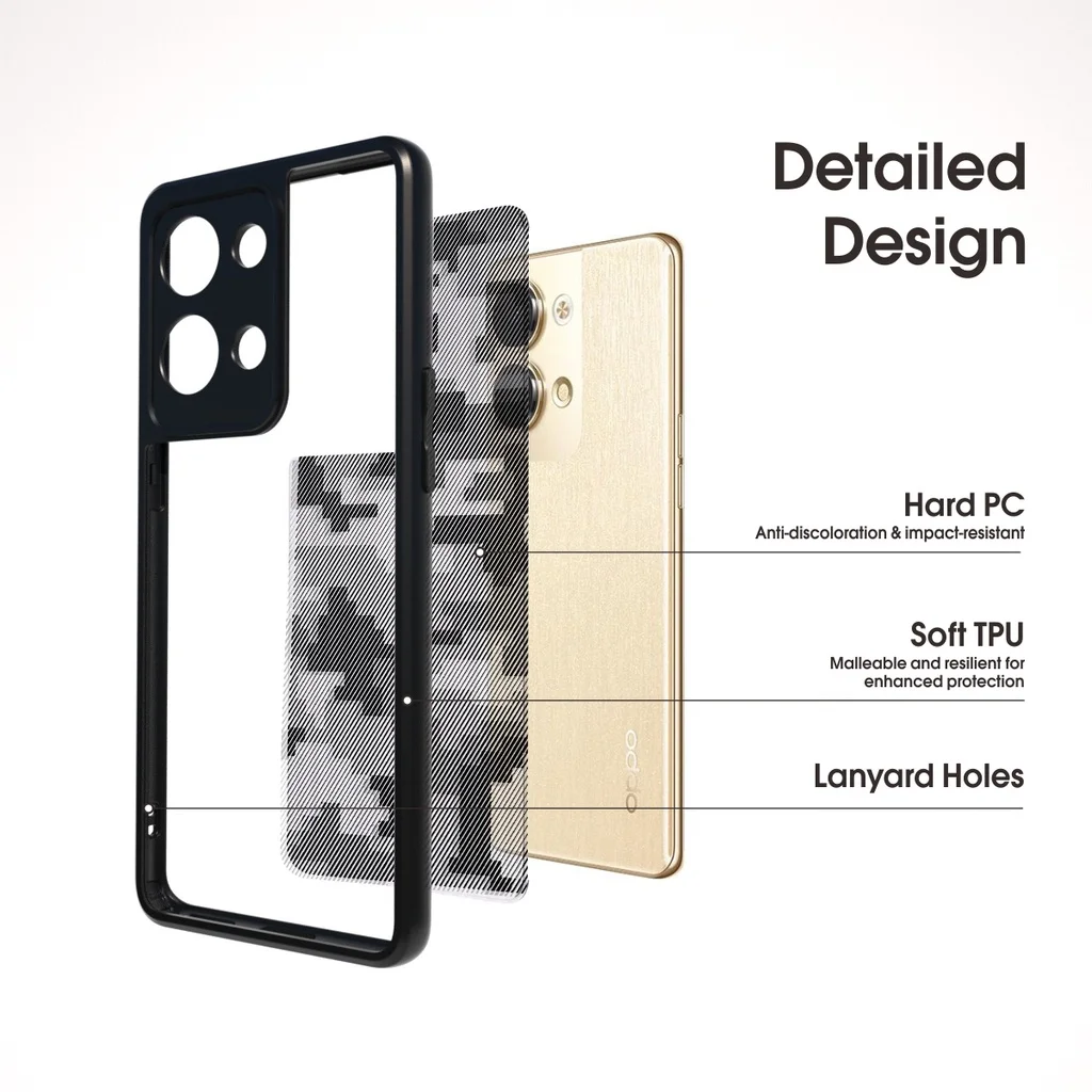 Фото BMRS для Oppo Reno9/9 Pro Чехол, камуфляжный прозрачный жесткий противоударный расширенный защитный чехол-черный (поставляется с ремешком на запястье) №4