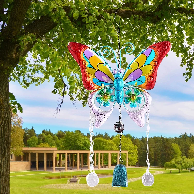 

Bow Wind Chimes Ornaments Home Pastoral Color Printing Butterfly Double Crystal Ball Bells Ornaments