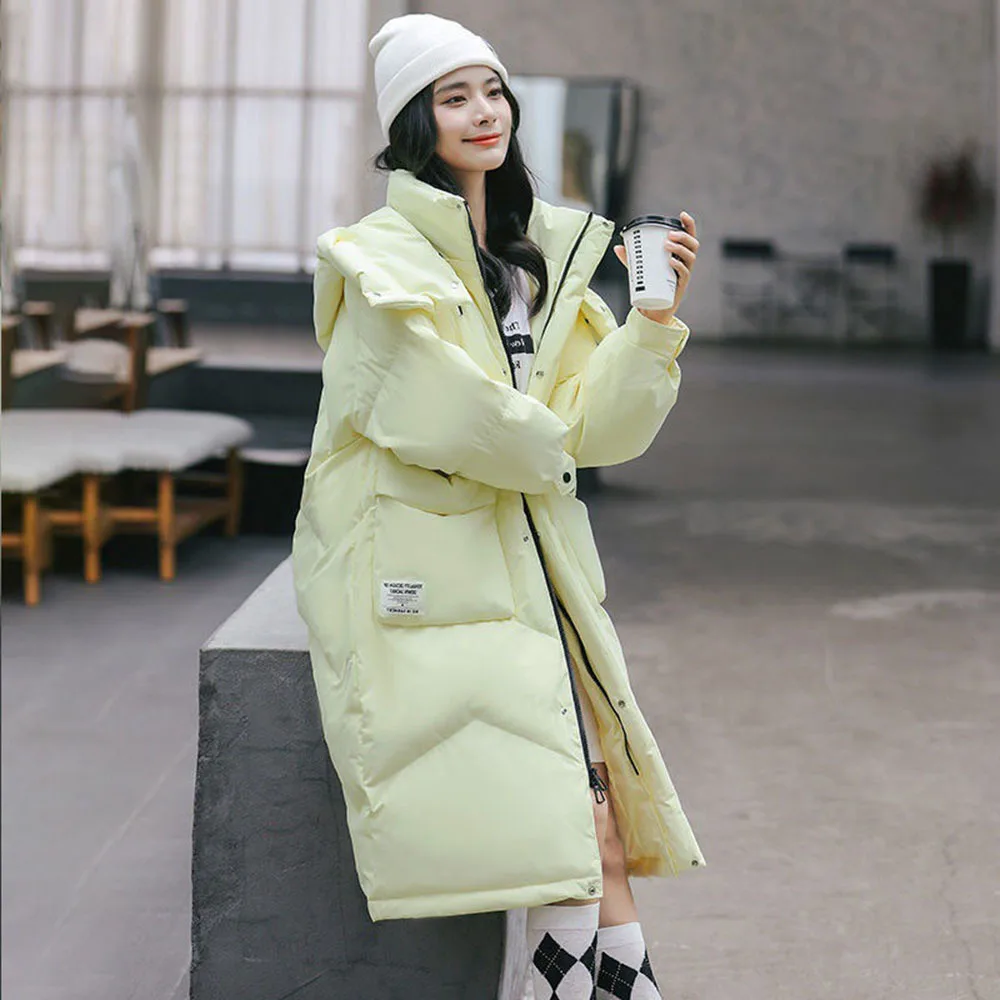 Women's Mid-length Hooded Down Jacket Women Winter Black/Yellow Three-proof fabric Down Coat Straight Commuter Jackets