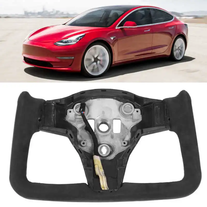 

Full Suede Heated Yoke Steering Wheel with Side Carbon Fiber Trims Replacement for Tesla Model 3 Y 2018+ New