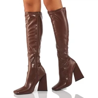 in stock knee high super stretch boots big size 43 square toe solid women shoes booty side zip chunky high heel