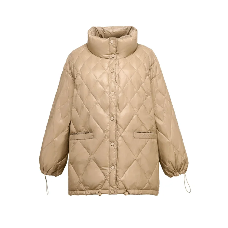 Hairless Collar Down Jacket White Duck Down Filled Long Sleeved Chessboard Composite Fabric Medium Length Puffer Jacket Winter