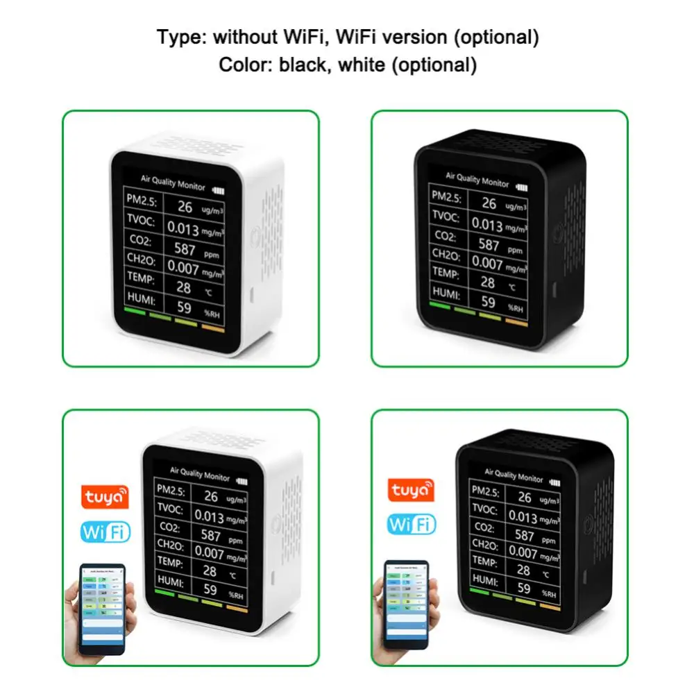 

Wi-Fi Датчик качества воздуха Pm2.5 Tvoc Co2 Ch2o детектор температуры и влажности умный удаленный монитор многофункциональный анализатор 6 в 1