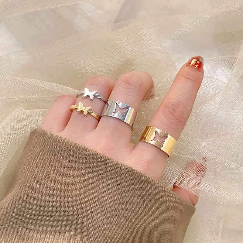 

Rock Hiphop Chain Rings Multi-layer Adjustable Open Finger Rings Set For Women Men Lover Couple Butterfly Party Gift Jewelry