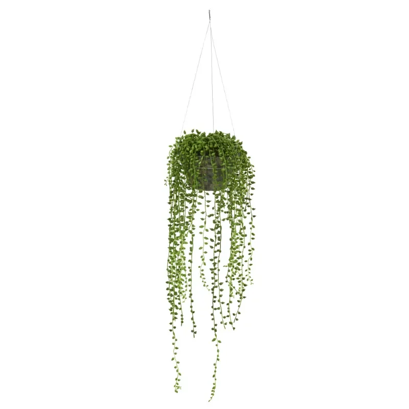 

21" String of Pearl Plastic Artificial Plant Hanging Basket, Green