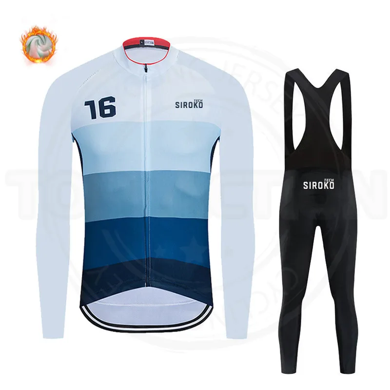 

SirokoTech Cycling Jerseys Set Thermal Fleece Long Sleeve Jacket Cycling Clothing 19D Gel Padded Bib Pants Winter Cycling Suits