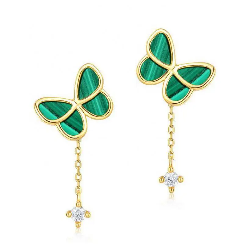 

Natural Malachite Earring S925 Sterling Silver 10k Gold Plated Malachite Crystals Butterfly Zircon Tassel Dangle Earrings Women