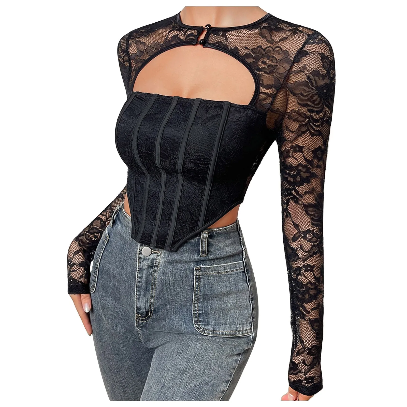 

Женский модный Сексуальный Кружевной Топ с длинным рукавом