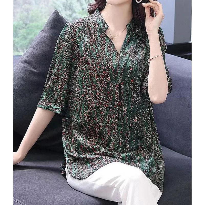 

Summer Elegant Vintage Printing Half Sleeve T-shirt Women's Clothing Loose Stylish Midi Casual V-Neck Tops Female Pullovers