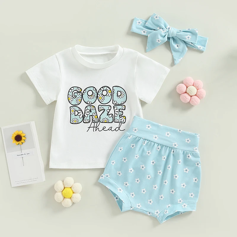

Toddler Baby Girl Summer Clothes Suits Letter Print Short Sleeve Crew Neck T-shirt Print Short Pants Headband 3Pcs Set