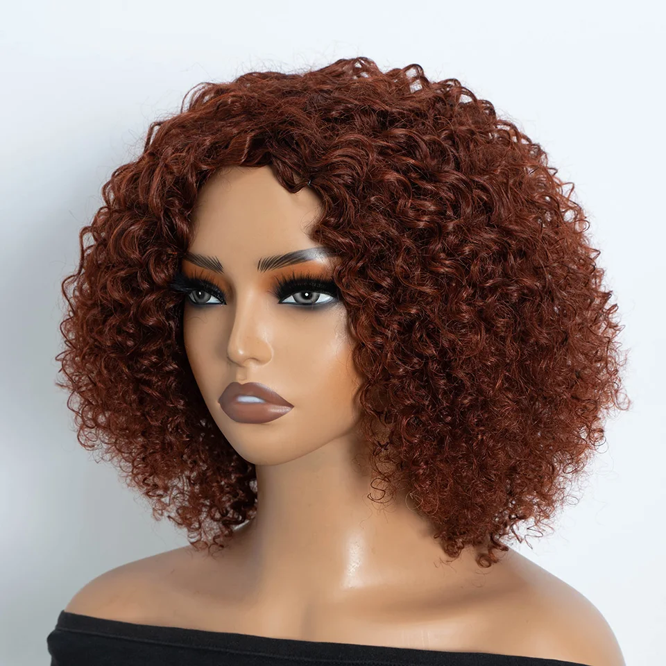 Фото Кудрявые парики красноватого оттенка # Парик 33A Jerry Curly Bob, предварительно осветленный, с кружевной основой, короткая стрижка пикси, матовый голубой, из натуральных волос, распродажа №3