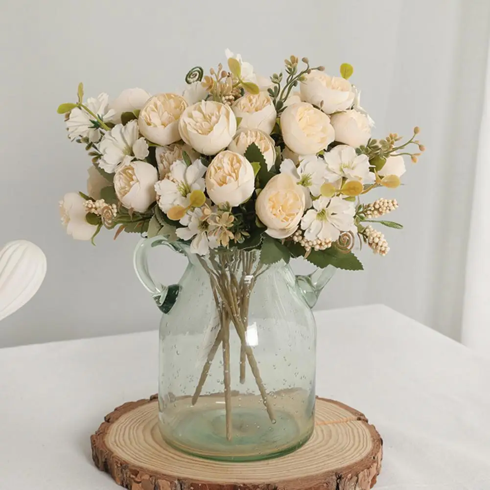 

Artificial Rose 5 Forks With Stem No Watering Non-withering Realistic Wedding Banquet Faux Flower Branch Home Supply Room Decor