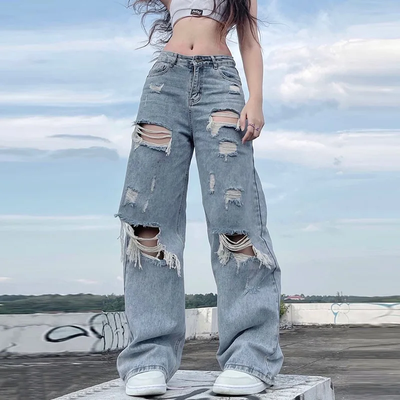 WeiYao Streetwear Straight Pants Womens Ripped Jeans Mid Waist Loose Wide Leg Pants Jeans Y2K Summer Plus Size High Street Jean
