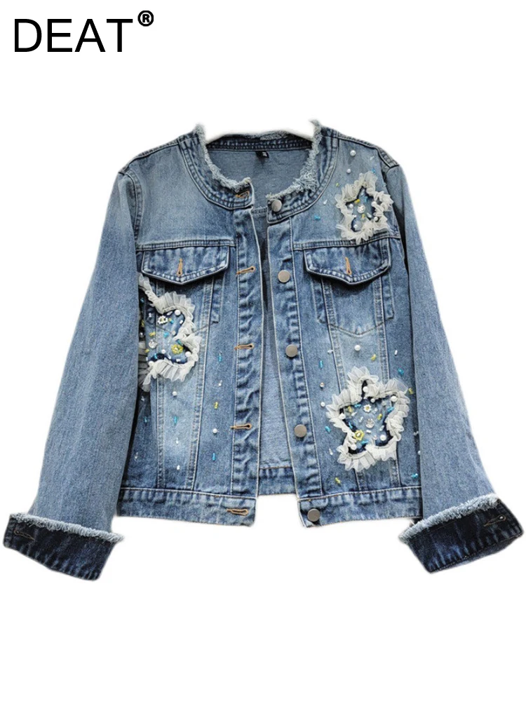 

DEAT Women Denim Coat Burrs O-neck Lace Mesh Flower Spliced Stars Pearls Diamond Blue Jacket 2023 Autumn New Fashion 29L1230