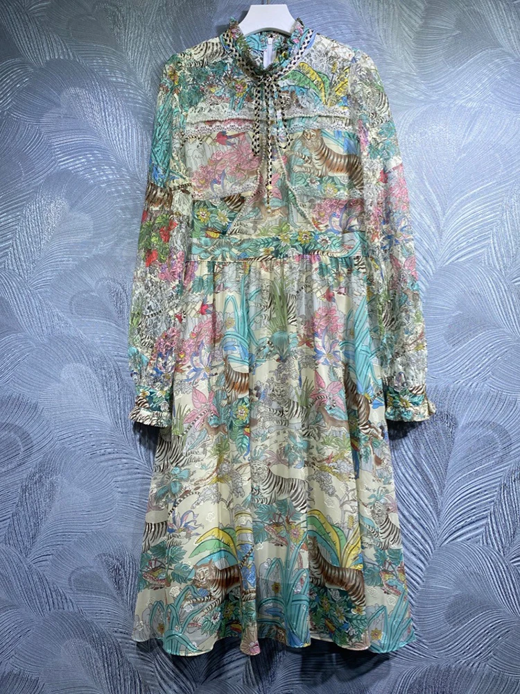 

Женское модельное платье-миди Seifrmann, весеннее ажурное платье с рукавами-фонариками, бусинами и цветочным принтом