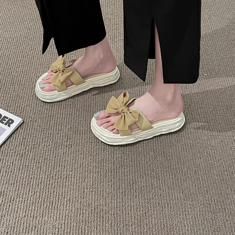 

Round Toe Comfortable Thick Shoes for Women In 2023 Summer New Mesh Red Bow Flat Shoes with Herringbone Sandals for Women's
