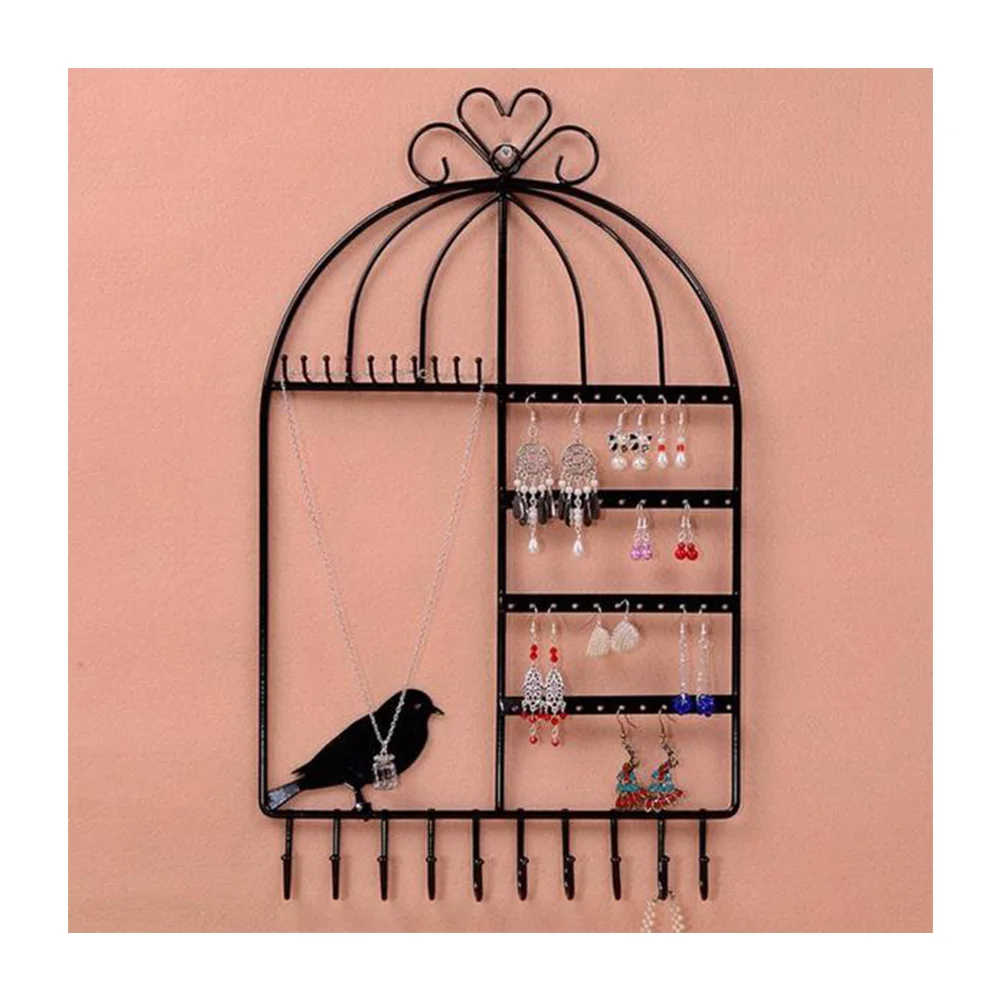 

Birdcage Shaped Earrings Necklace Jewelry Copper Plated Display Stand Rack Holder Wall Mounted (Black)