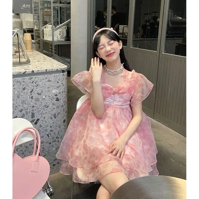 

WDMSNA High-grade Bow Mini Dress Female Summer 2023 New Gauze Flying Sleeve Princess Dresses Sweet Slim Waist Vestidos Ball Gown