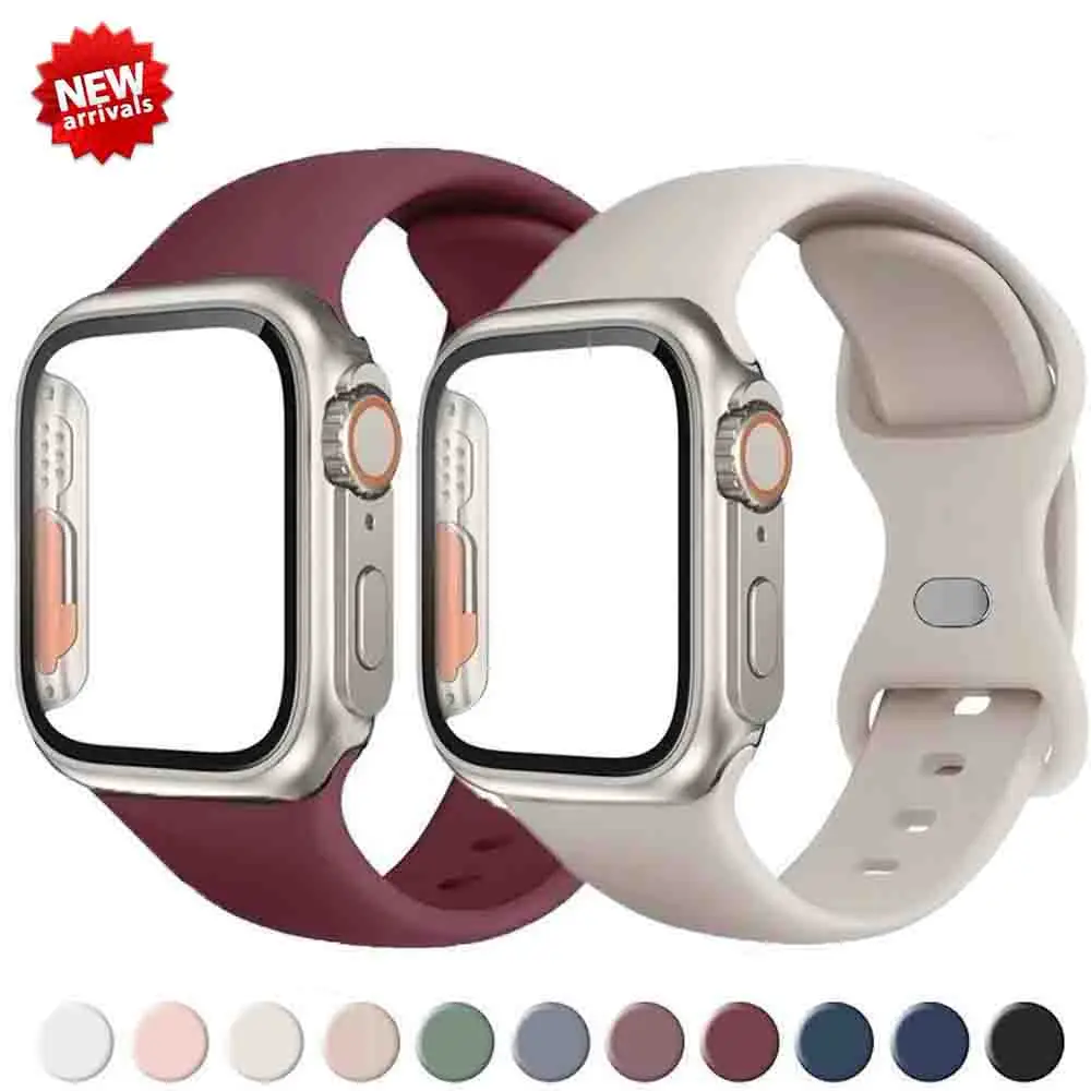 Силиконовый ремешок + чехол для Apple Watch Band 45 мм 41 44 40 38/42 Чехол-браслет iWatch Series 9 8 7 6 SE