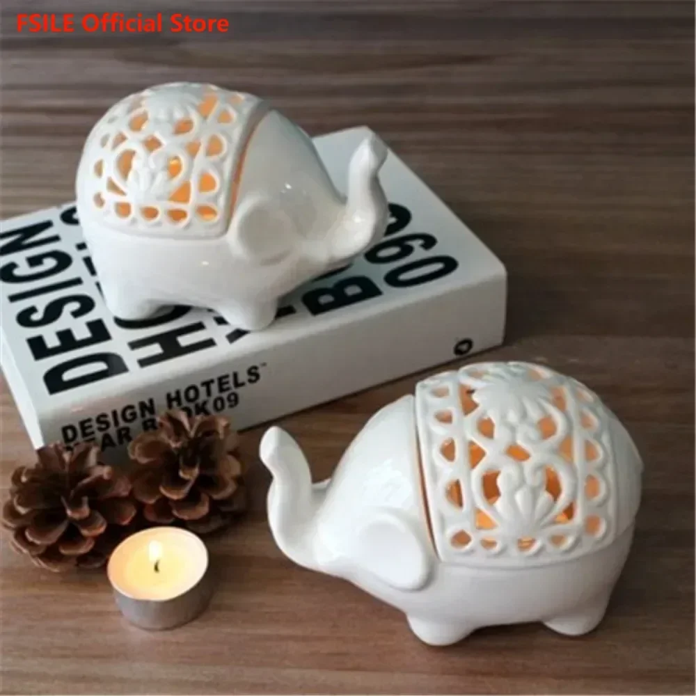 

FSILE Creative Hollow Elephant Home Decoration Crafts Ceramic Hollow Candlestick Decoration