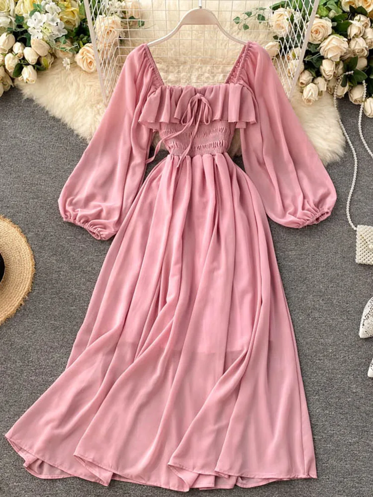 

Chic Elegant Square Collar Maxi Dress Women Solid Chiffon Puff Sleeve Dresses 2023 Korean Fashion Vintage Ruffle Vestidos