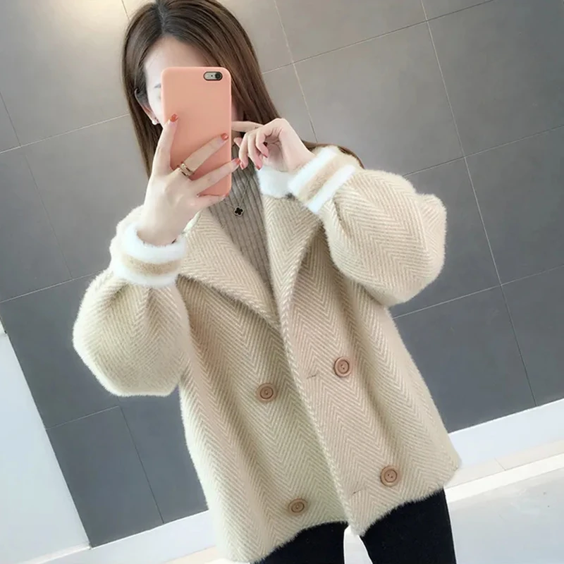 Women's Short Section Pretty Herringbone Wool Jackets Fashion Double Breasted Spring Coats Female Sweater Knitted Mink Jacket