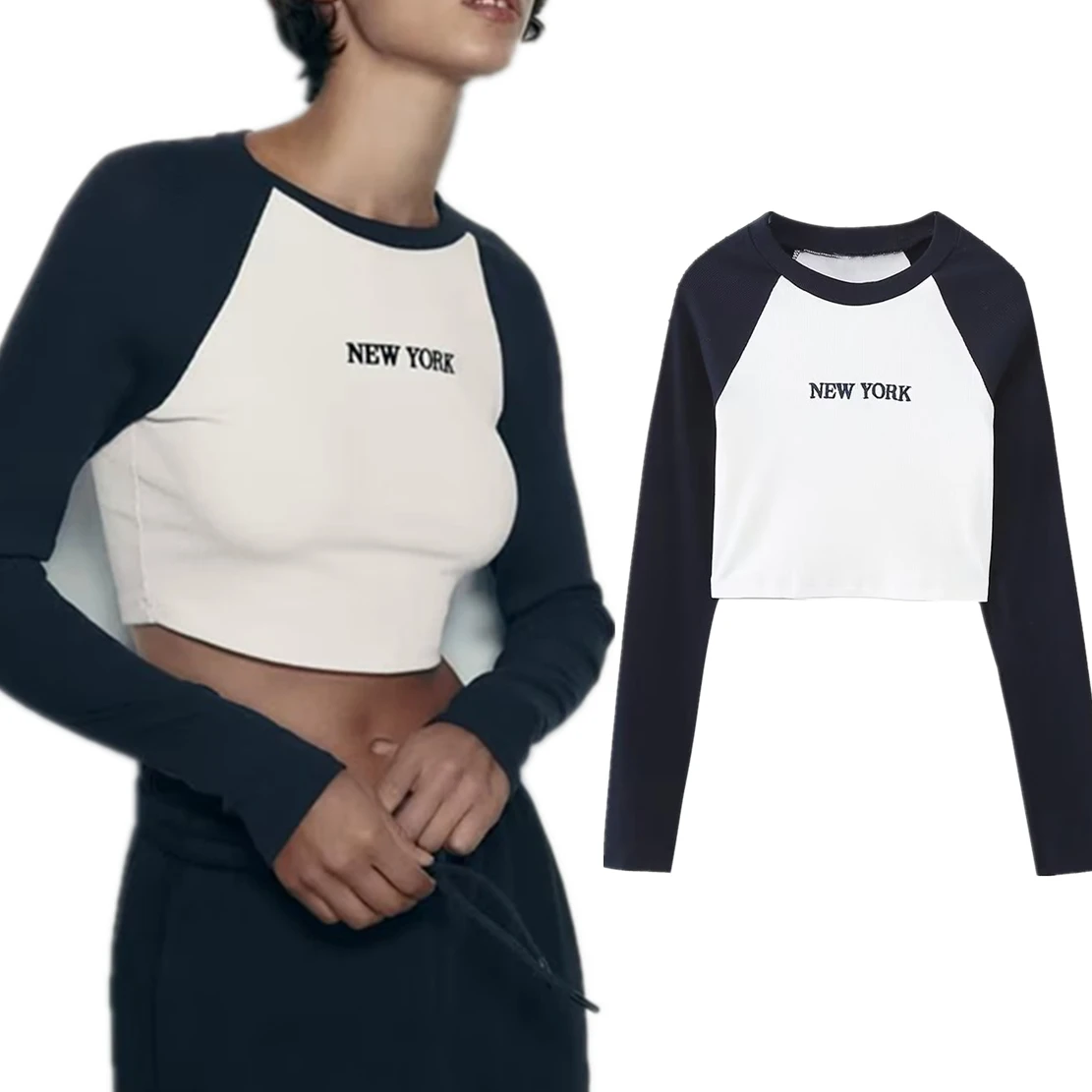 

Elmsk Autumn American Retro New York Letter Embroidery Tight Long-sleeved T-shirt Color-blocked Baseball T-shirt Women